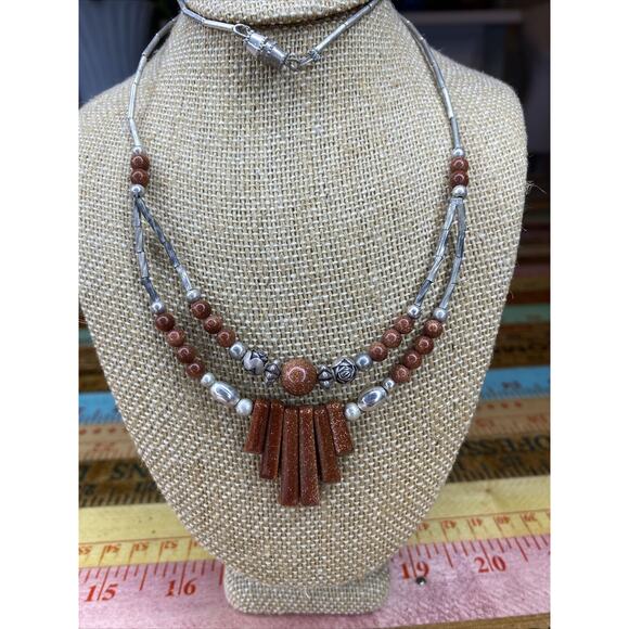 Vintage Double Strand Silver Tone Rose Flower 20” Beaded Necklace Goldstone - Picture 3 of 8